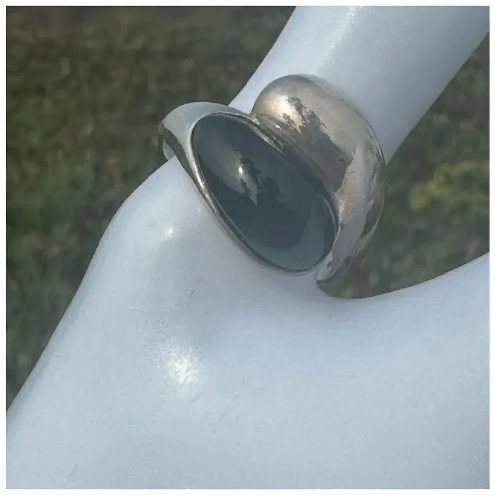 Sterling Silver Sculptural Ring with Black Cabochon